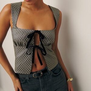 Reformation Silver Azalea Blouse with Black Bow